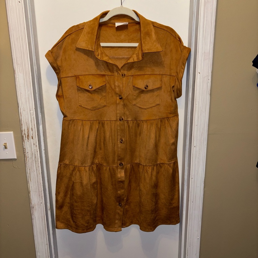 Suede collared button down mini dress